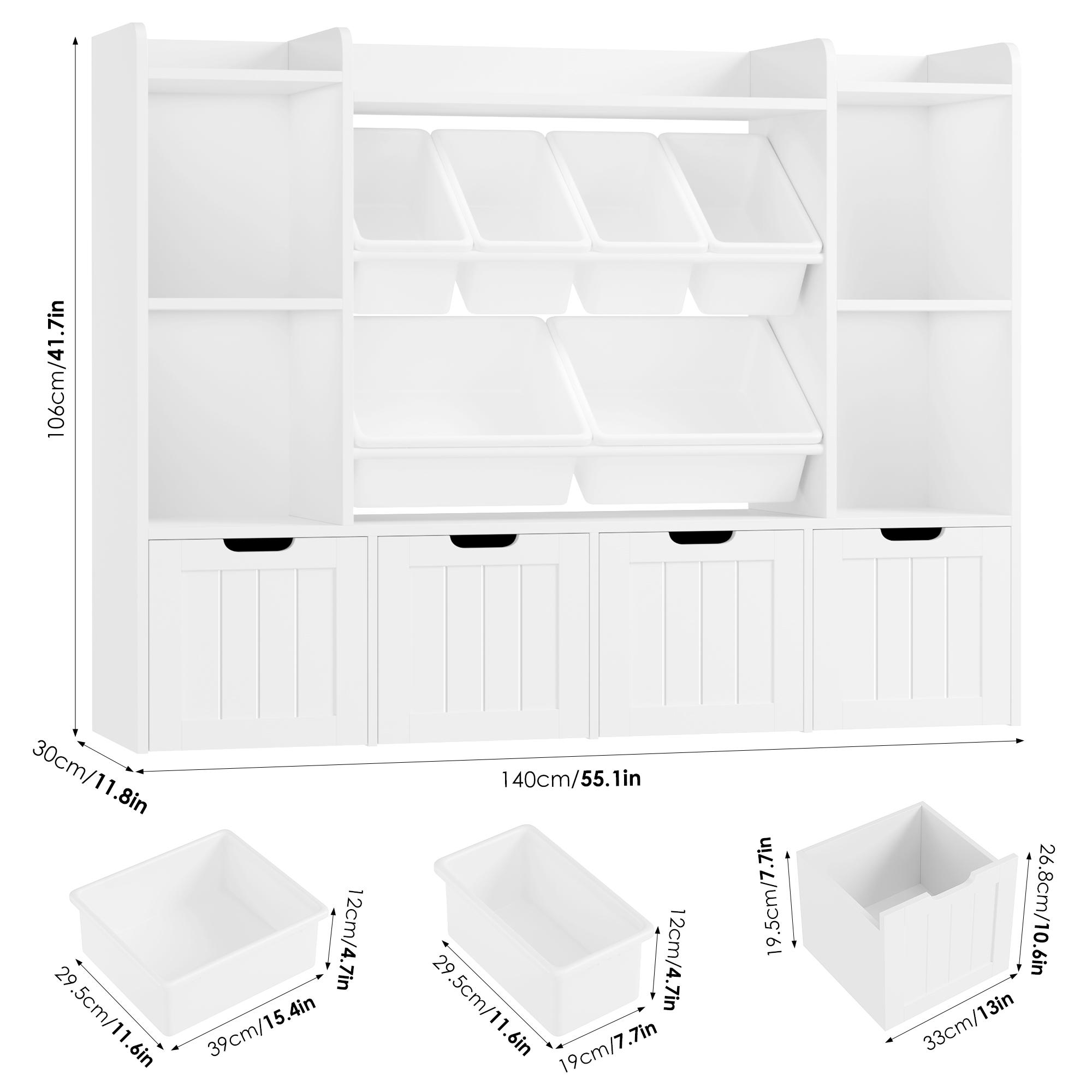 Large Toy Organizer Kids Bookshelf with 6 Bins & 4 Movable Drawers and 4 Storage Cubbies