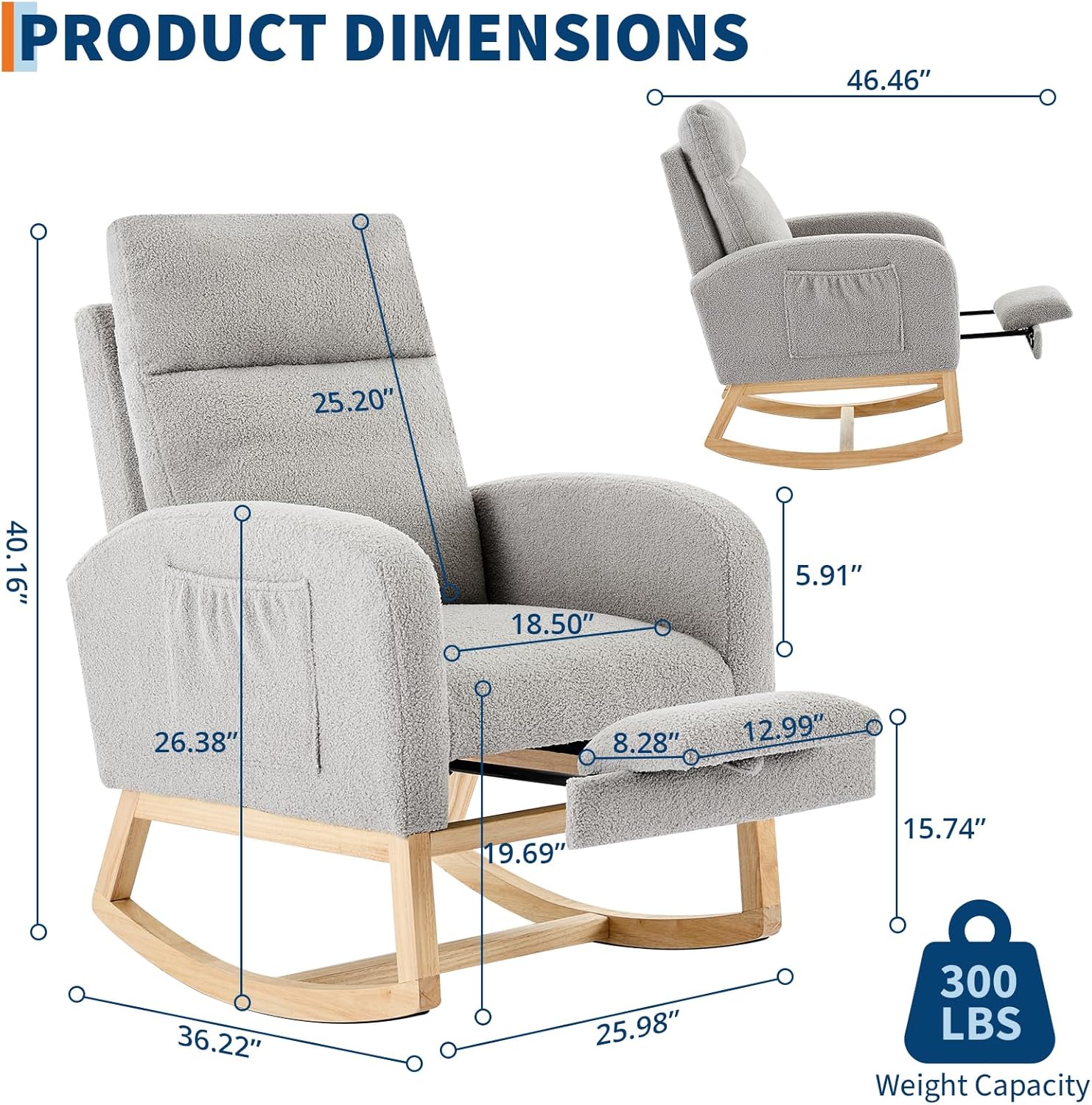 Rocking Chair Nursery with Foot Rest, Modern PU Upholstered Reading Glider Rocker Accent Armchair with High Backrest, Padded Seat, Side Pocket, for LivingRoom, Bedroom, Baby Room