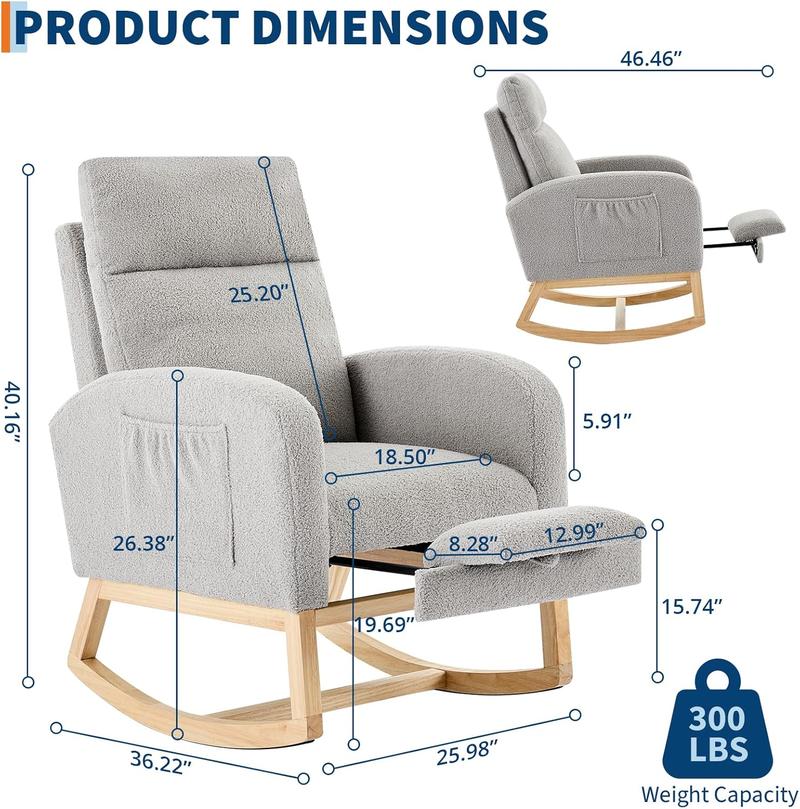Rocking Chair Nursery with Foot Rest, Modern PU Upholstered Reading Glider Rocker Accent Armchair with High Backrest, Padded Seat, Side Pocket, for LivingRoom, Bedroom, Baby Room