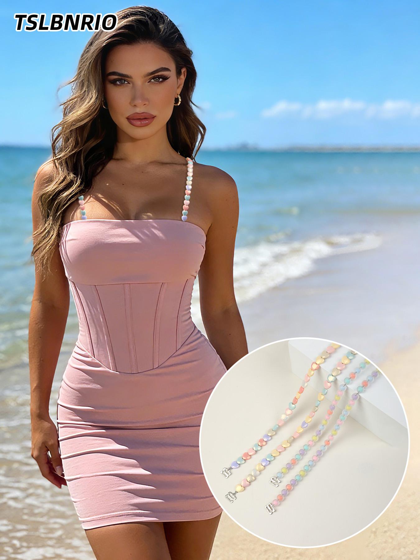 Macaron-colored heart-shaped round bead bra straps, candy-hued resin-beaded invisible lingerie straps, non-slip and wearable as an exposed accessory—perfect for everyday outfits and summer styling.