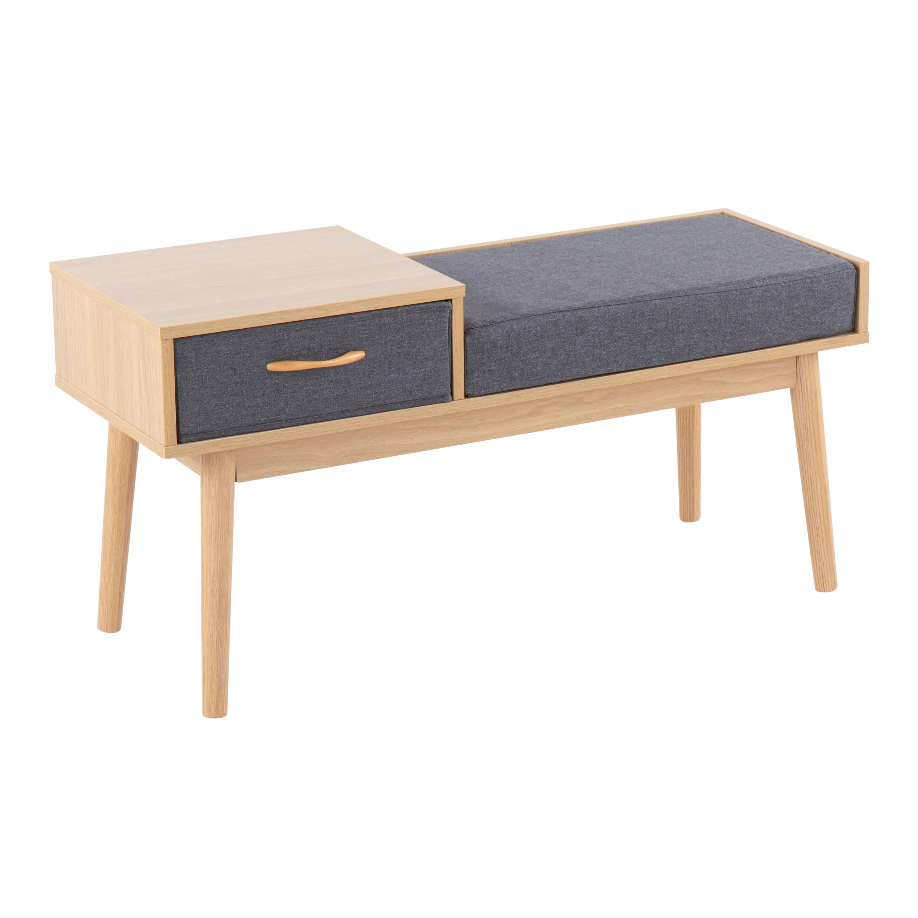 Nokaa Telephone Contemporary Bench with Pull-Out Drawer, Natural Wood Frame and Grey Fabric Upholstery, Compact Entryway Storage Seat for Living Room, Hallway, Bedroom, Accent Furniture with Hidden Compartment
