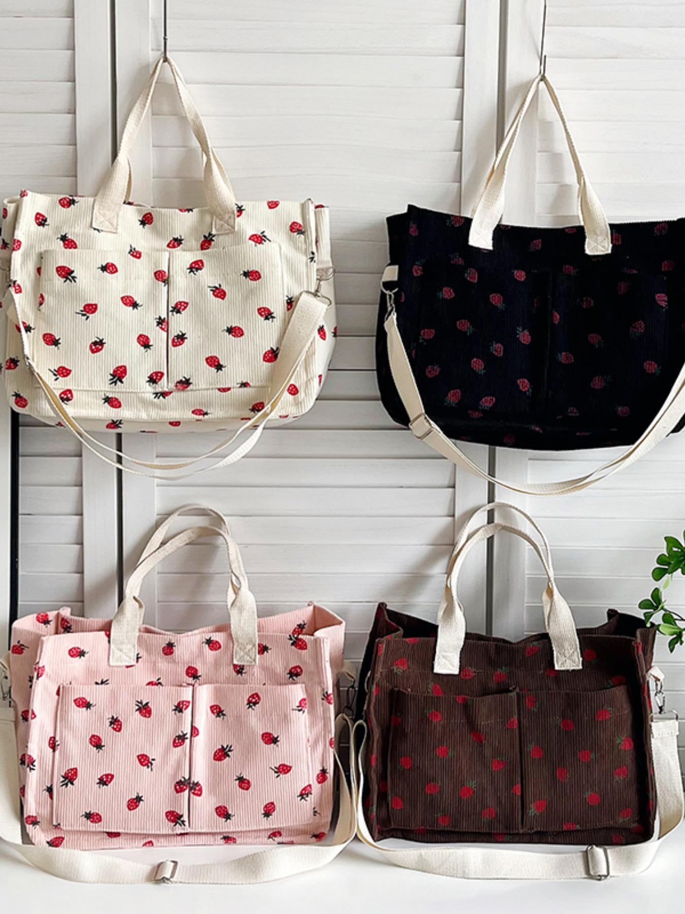 Stylish Strawberry Print Crossbody Shoulder Bag, Large Capacity Multi-Pocket Design, Perfect for Daily Commute & Shopping Needs, Floral Embossed Satchel