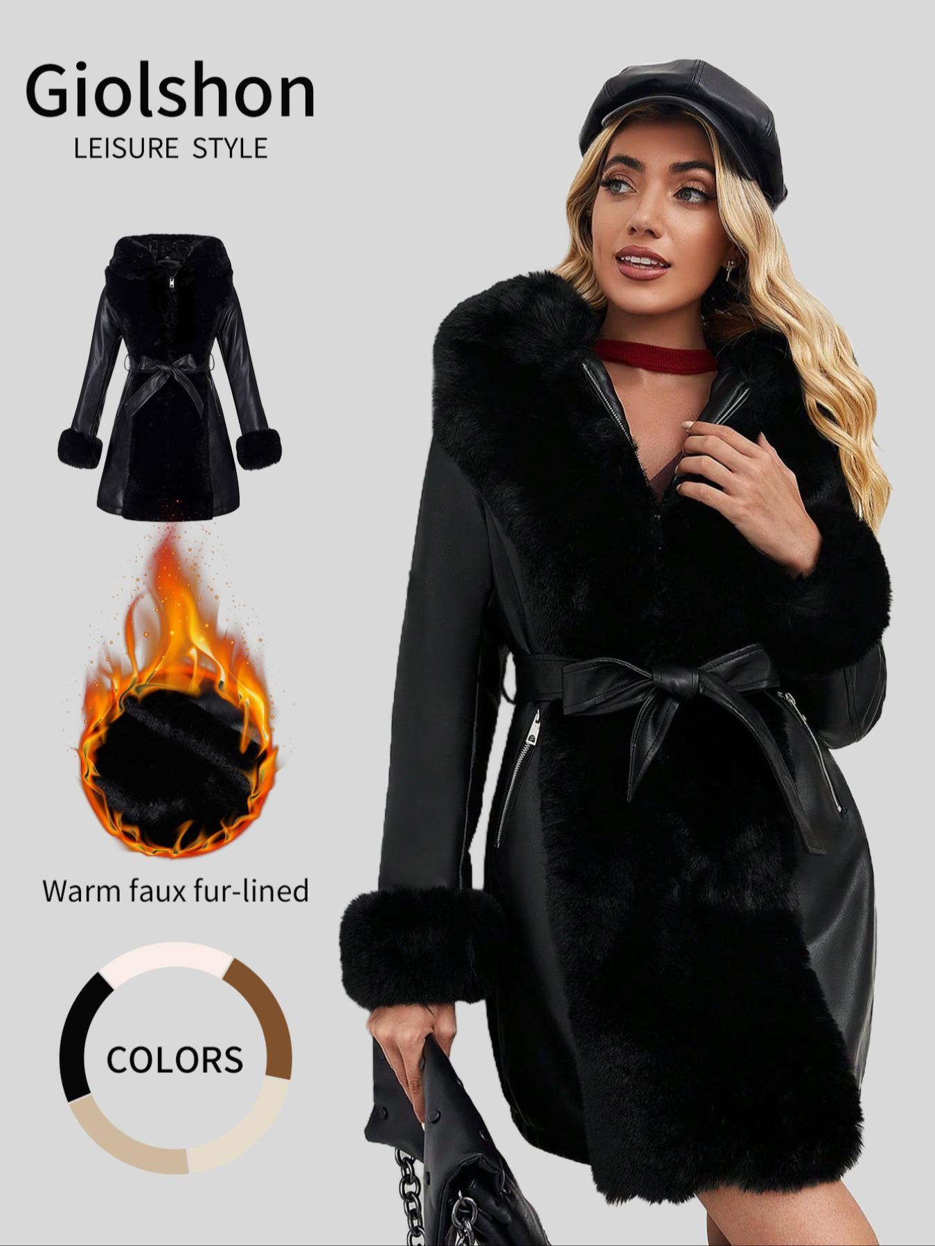Women's Winter Faux Fur Coat with Belt, PU Patchwork Hooded Jacket, Elegant Casual Warm Waistcoat for Fall & Winter
