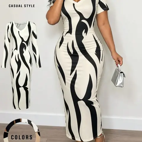Choove Women's Abstract Print Short Sleeve Bodycon Maxi Dress, Stretch V-Neck Fitted Long Dress for Party and Night Out, Printed Dress