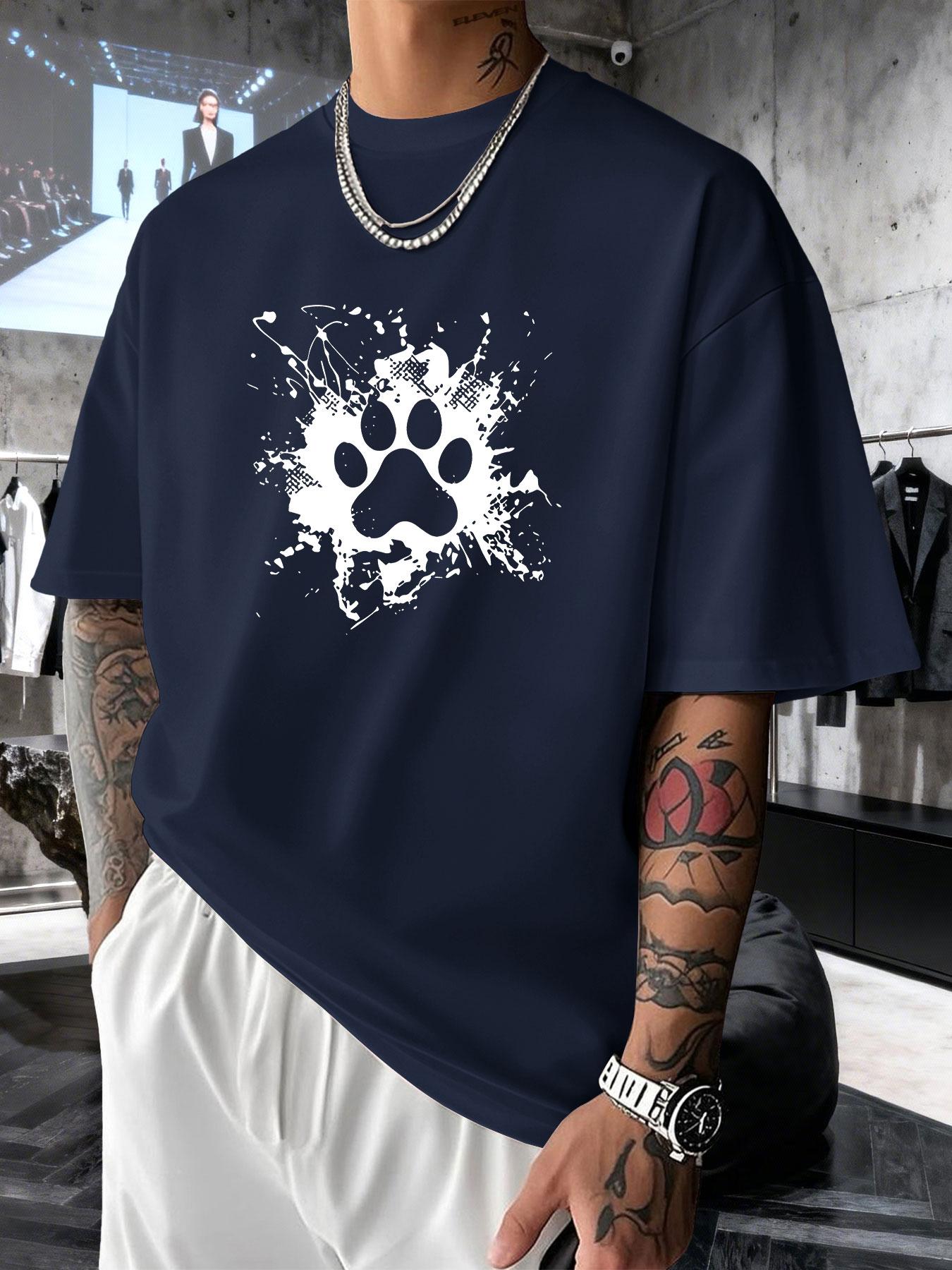 Men's Short Sleeve T-Shirt Summer, Dog Paw Cat Paw Ink Creative Print, Heart Healing Style, Loose Fit Drop Shoulder Top