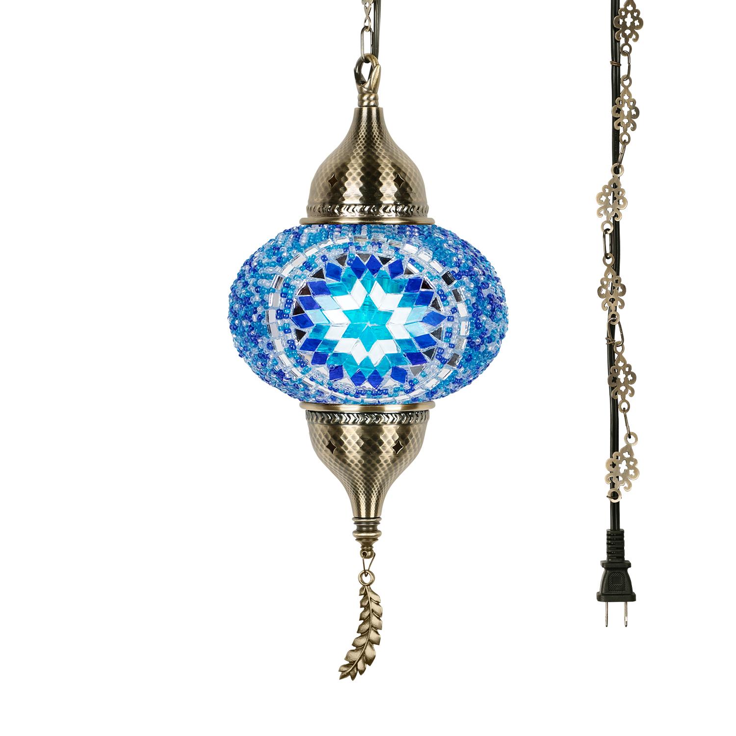 Yarra-Decor Turkish Moroccan Pendant Hanging Light with 15feet Cord Tiffany Style Mosaic Ceiling Lamp for Bedroom Blue Crystal North American Plug Decorative Lighting Home Lighting Led Lighted