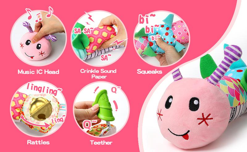 Dearlomum Newborn Baby Girl Gift Toys Infant Tummy Time Musical Stuffed Caterpillar with Crinkle Rattle Textures Purple White