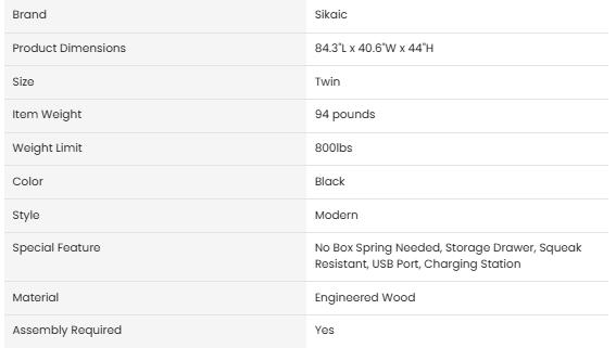 Sikaic Twin Size Bed Frame with Bookcase Headboard and Charging Station Black Bedroom Furniture Set