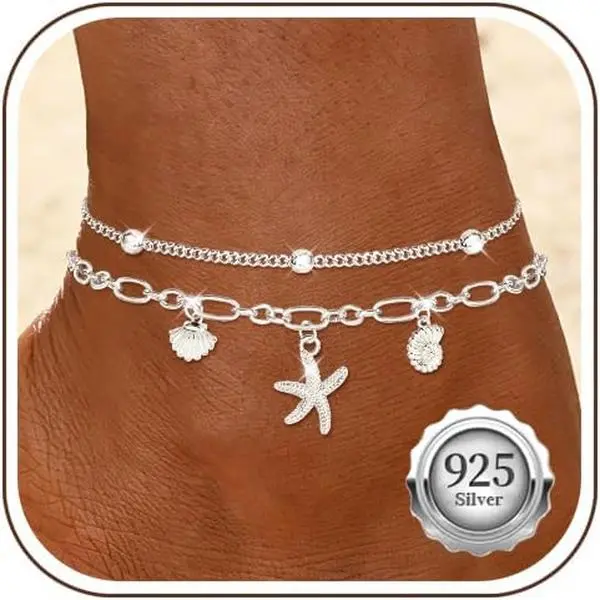 Women's Sterling Silver Layered Ocean Theme Anklet - 18K Gold Plated, Adjustable Size, Waterproof, Non-Tarnish, Beach Wear Female Foot Jewellery Gift
