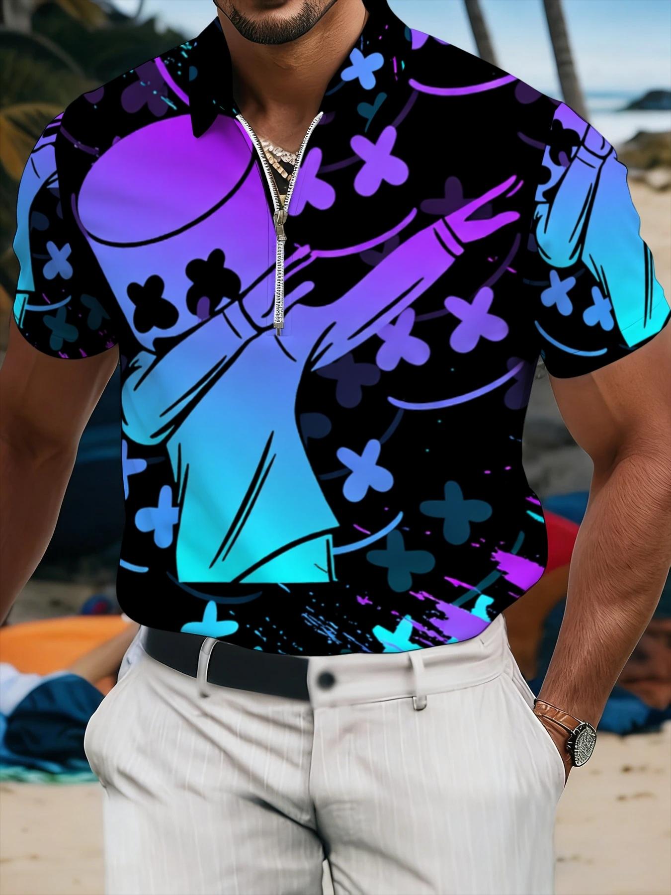 Trendy Printed Short Sleeve Polo Shirt for Men, Fashion Casual Summer Wear, Colorful Geometric Pattern Design, Front Zipper Beach Outfit Top