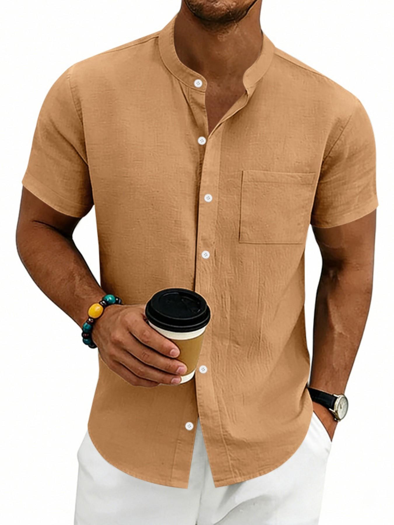 American Summer Linen Casual Men's Hawaiian Shirt, Simple Retro Stand Collar Short Sleeve, Comfortable and Stylish Summer Wear