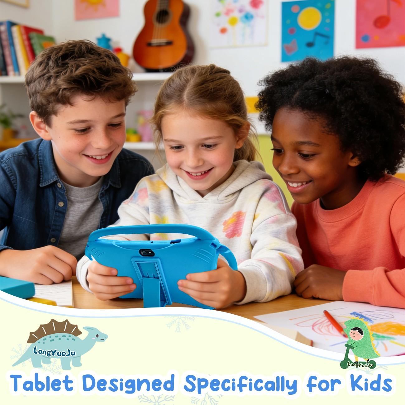[GiftedInLove] Kids Learning Tablet 7 inch Android 12 Dual Cameras WiFi  Battery Protective Silicone Case Educational Apps Toddler Gifts Stress Relief Case Pink Blue New Year Gift