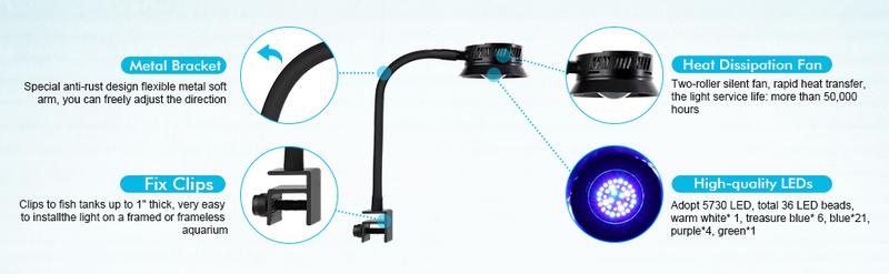 hygger 30 Watts Aquarium LED Reef Light, Dimmable Full Spectrum Marine LED Fish Tank Light Saltwater Nano Aquarium LPS SPS Lighting