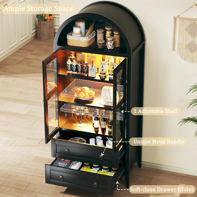 71" Tall Arched Kitchen Pantry, Pantry Cabinet, Kitchen Storage Cabinets with 2 Large Drawers & Adjustable Shelves & Glass Door for Living Room, Dining Room, Black