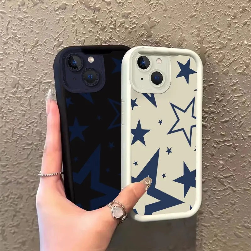 Soft Silicone Phone Case with Button Protection for iPhone 13/13mini/14/14plus/15/15plus, Navy Blue Stars-Zigzag Patterns, Celestial Eye Layered Design, Durable Shockproof Enhanced Protection, ROOJTNN55 Gift Option