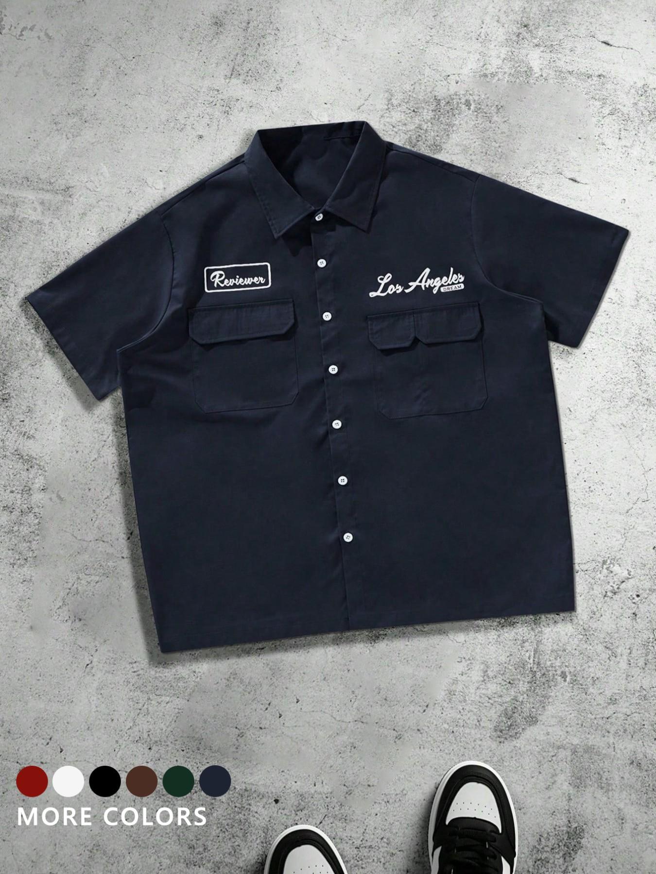 Men's Plus Size Casual Loose Fit Work Shirt, Button Front, Square Short Sleeve, Multiple Pockets, Urban Style, Perfect Gift
