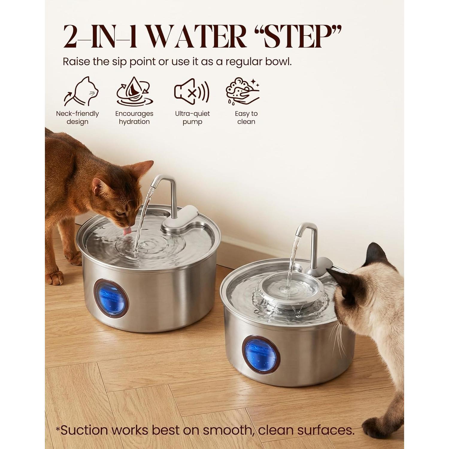 Water Fountain,108oz/3.2L Stainless Steel  Fountain and Removable Water Bowl, Fountain with Water Level Window,Quiet Pump,Multi-Filter, Water Tap, Provides Flowing,for  Cats