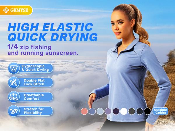 GEMYSE Women's Quarter Zip shirts UPF 50+ Sun Protection Long Sleeve Quick Dry Pullover Workout Hiking Athletic Tops shirts