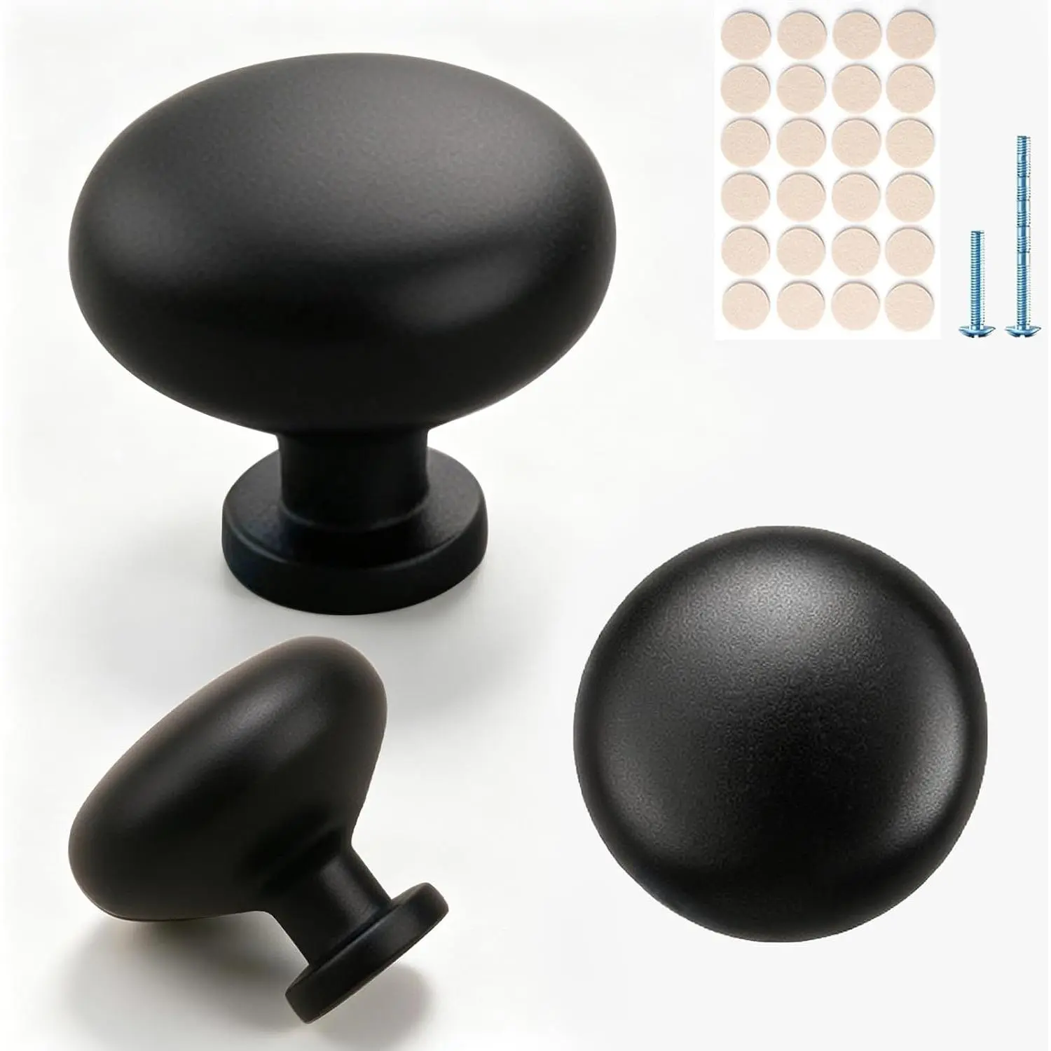 6 Pack Matte Black Zinc Alloy Round Pulls, Anti-Fingerprints Solid Cabinet Knobs with Felt Bumpers for Dresser Drawers, Bathroom Closet Door Cupboard Hardware