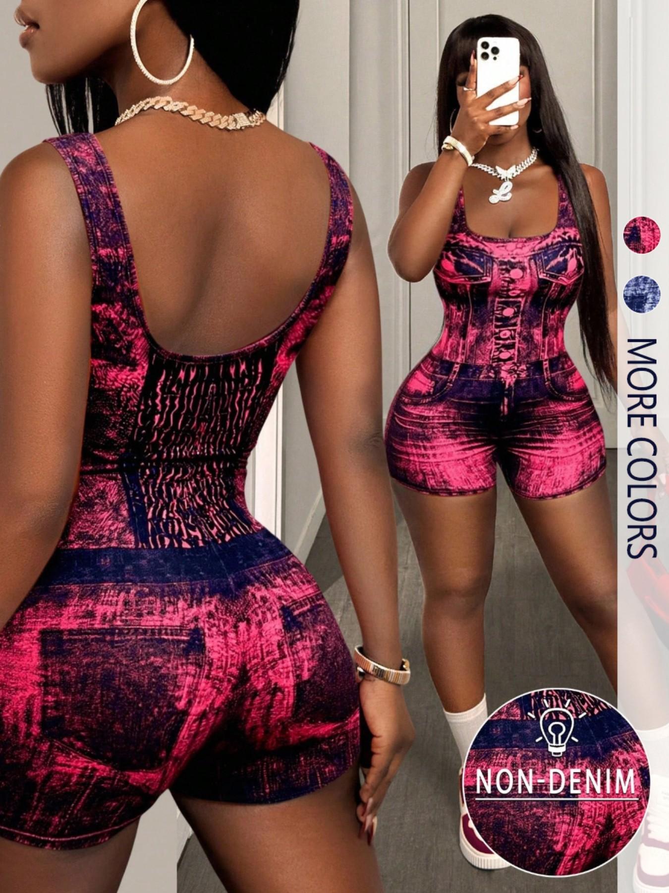 Women's denim print jumpsuit, casual sleeveless jumpsuit, suitable for everyday wear, women's slim fit jumpsuit, Sleeveless Strap Overalls