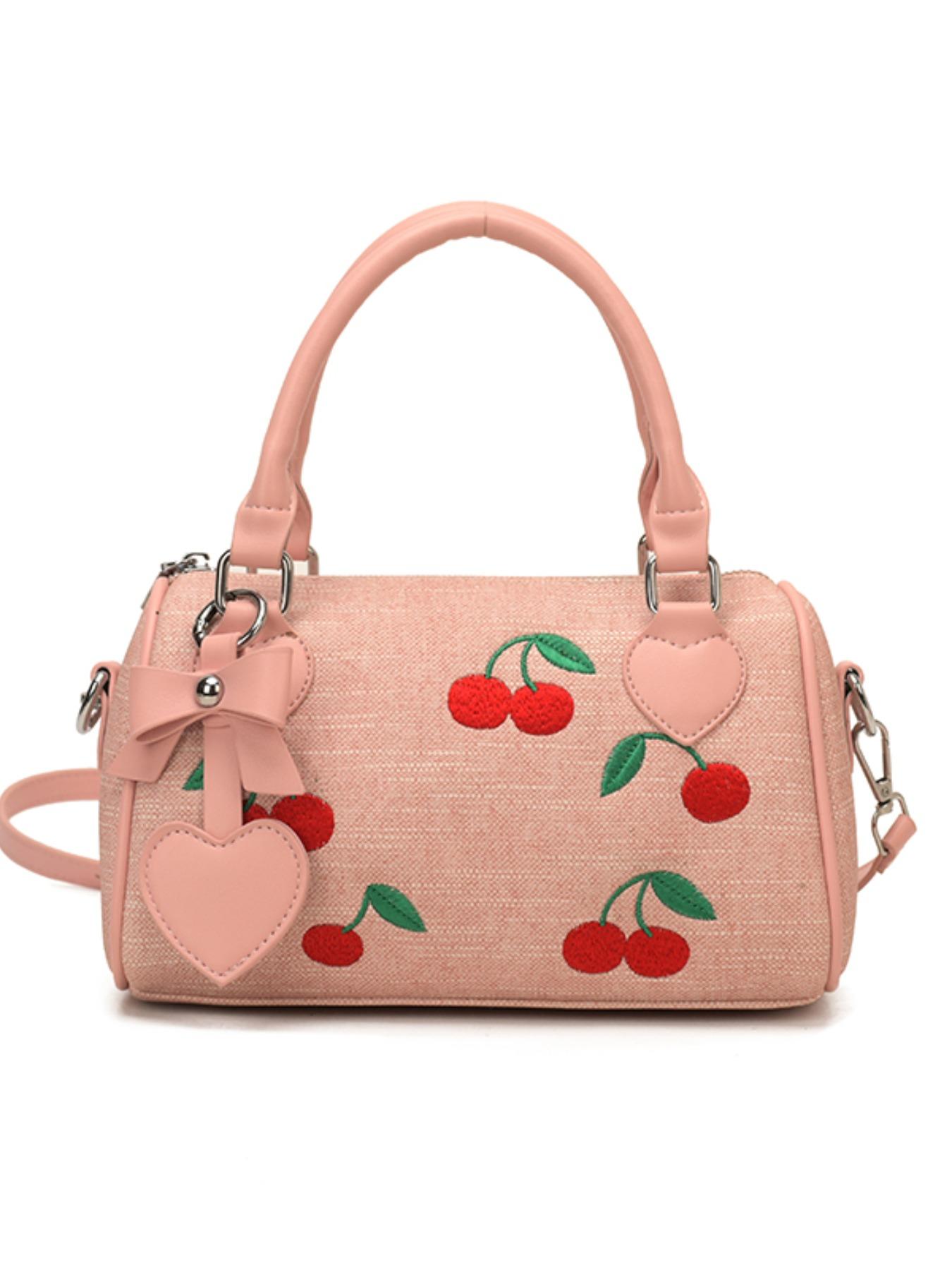 Sweet Cherry Boston Bag for Women, 2026 New Handbag, Cute Pillow Bag, Fashion Commute, Heart Charm, Full Cherry Print, PU Material