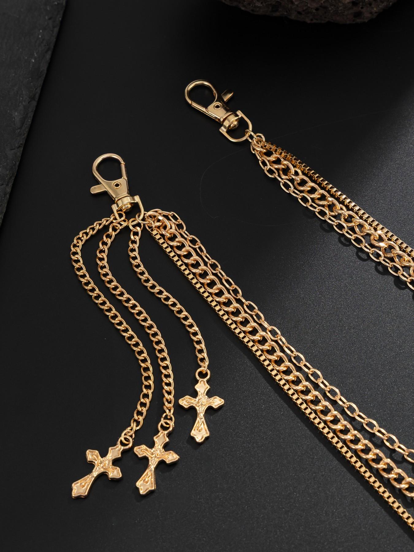 Men's Cross Charm Layered Chain Belt, Punk Style Jeans Chain, Western Buckle Belt, Fashion Belt for Party, Daily Clothing Decor, Trendy All-match & Exquisite Belt for Birthday Gift