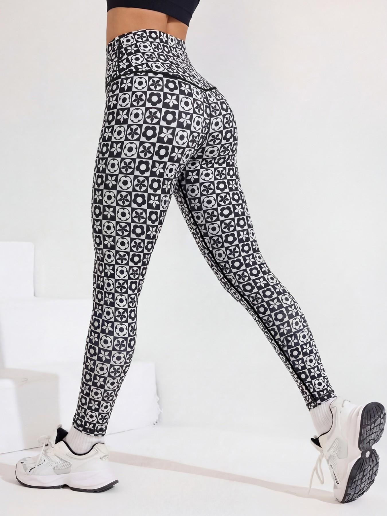 Women's High Waist Plaid Yoga Pants, Floral Printed Workout Leggings, High Stretch Tummy Control Fitness Pants for All Seasons