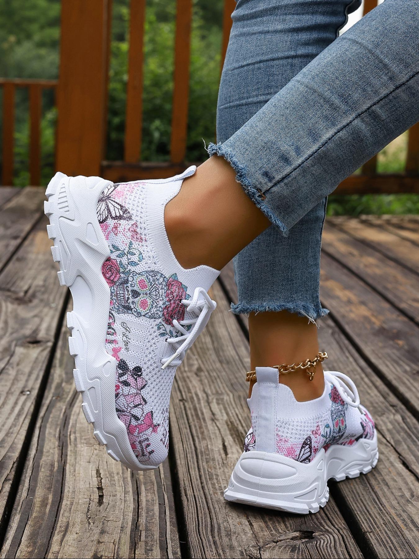 Women's Fashionable Floral & Skull Pattern Lace Up Sneakers, Casual Comfortable Breathable Sports Running Shoes, All-match Basic Trainer for Daily Wear, Casual Running Footwear