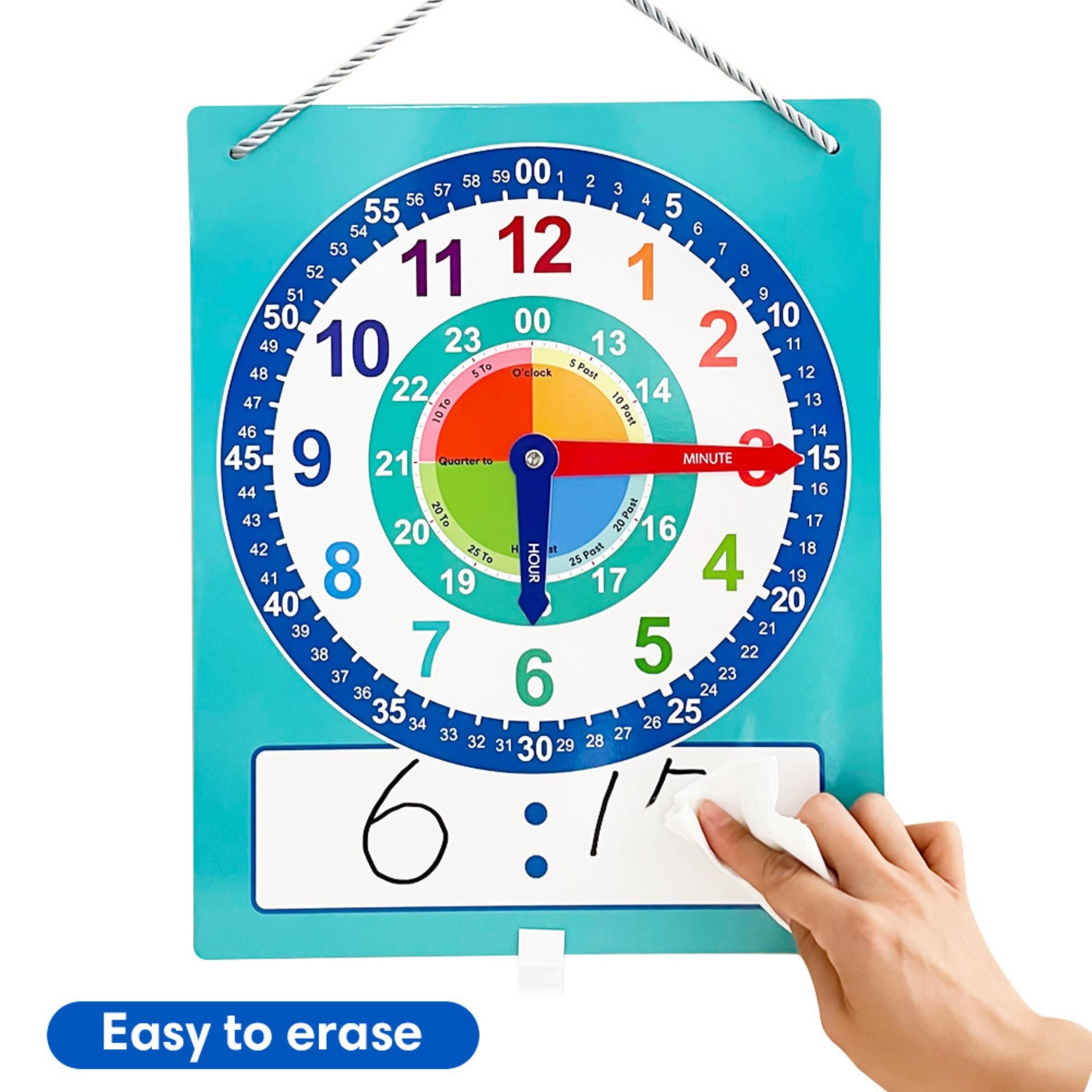 Teaching Clock Teaching Aid, Time Recognition Learning Teacher Tool, Includes Erasable Pen, Suitable for Daily Home Classroom Study, Math Learning Tools, Visual Learning Tools