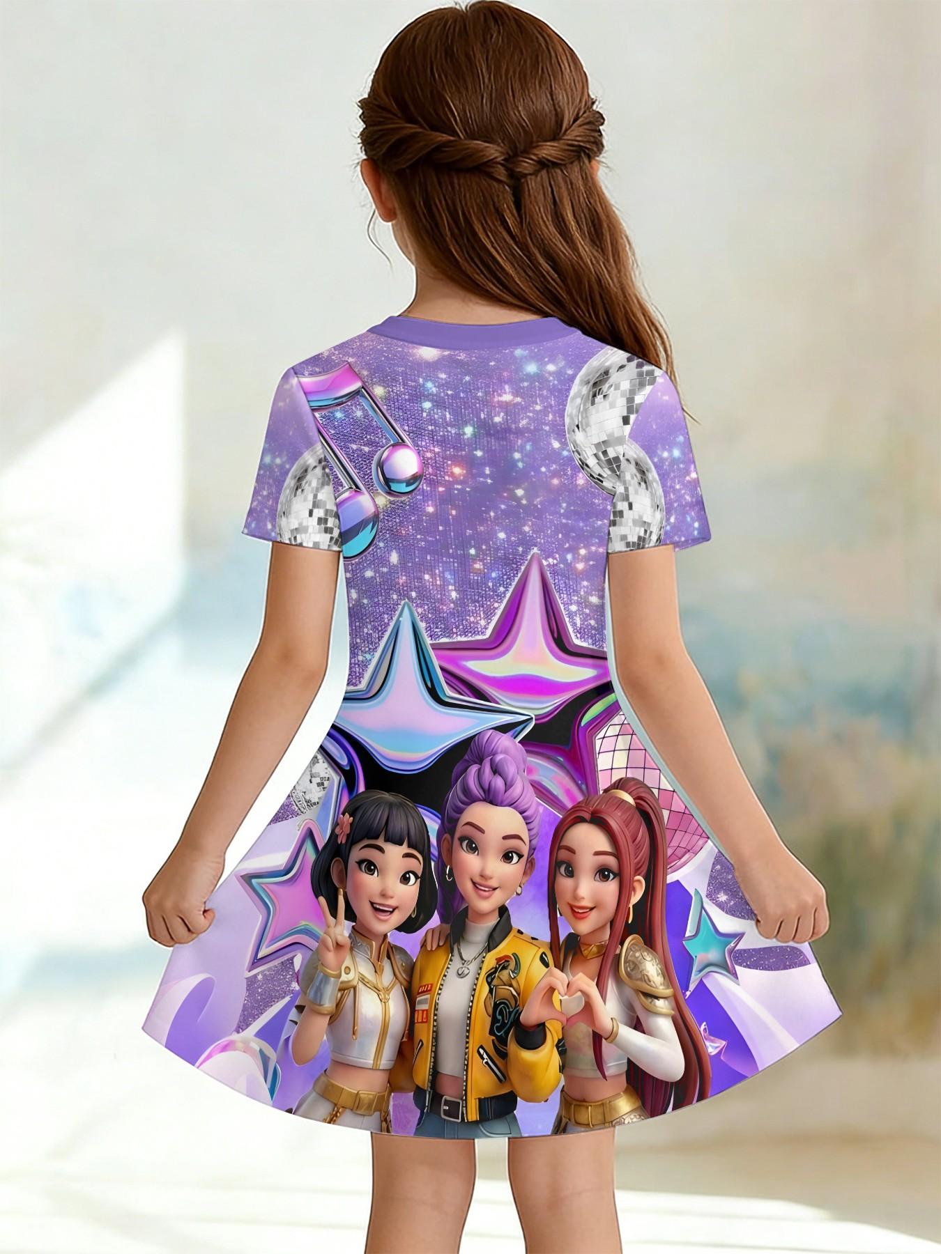 Trendy Girls' Kpop Witch Group Print Dress, Kids Disco Star Casual Short Sleeve Skirt, Birthday Gift, Festival Gift
