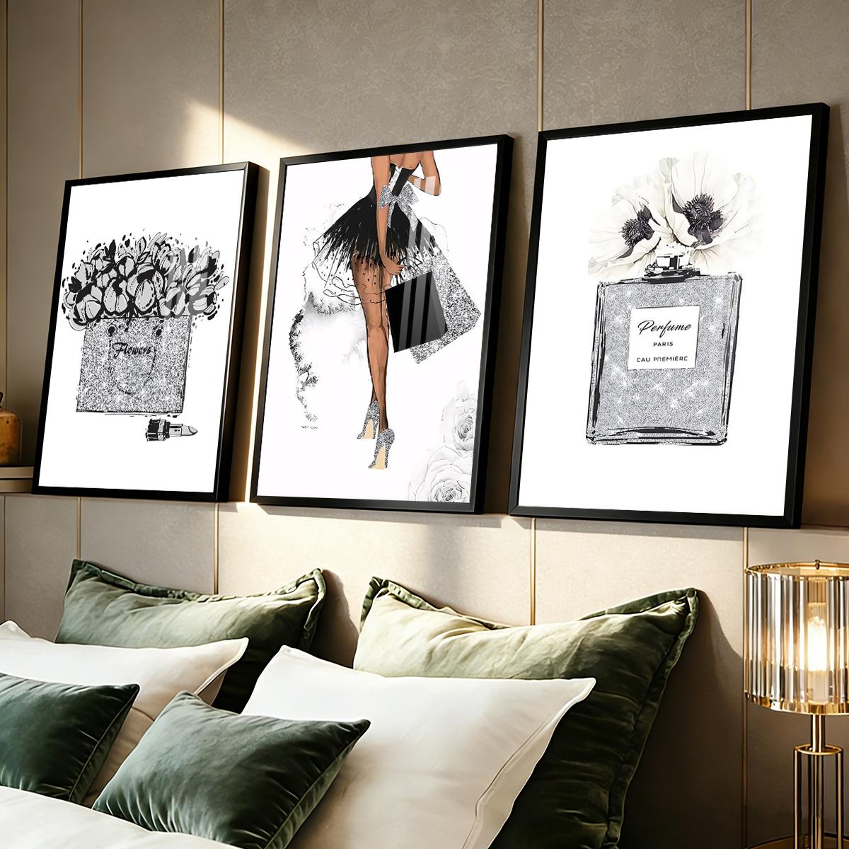 3 Counts Aluminum Alloy Framed Painting, Fashion Girl Perfume And Flower Art Prints, Home Decoration For Living Room, Bedroom, Office, Restaurant, Hallway Wall Decor, Odorless Print Artwork, Luxury Perfect Gift For Friends And Family