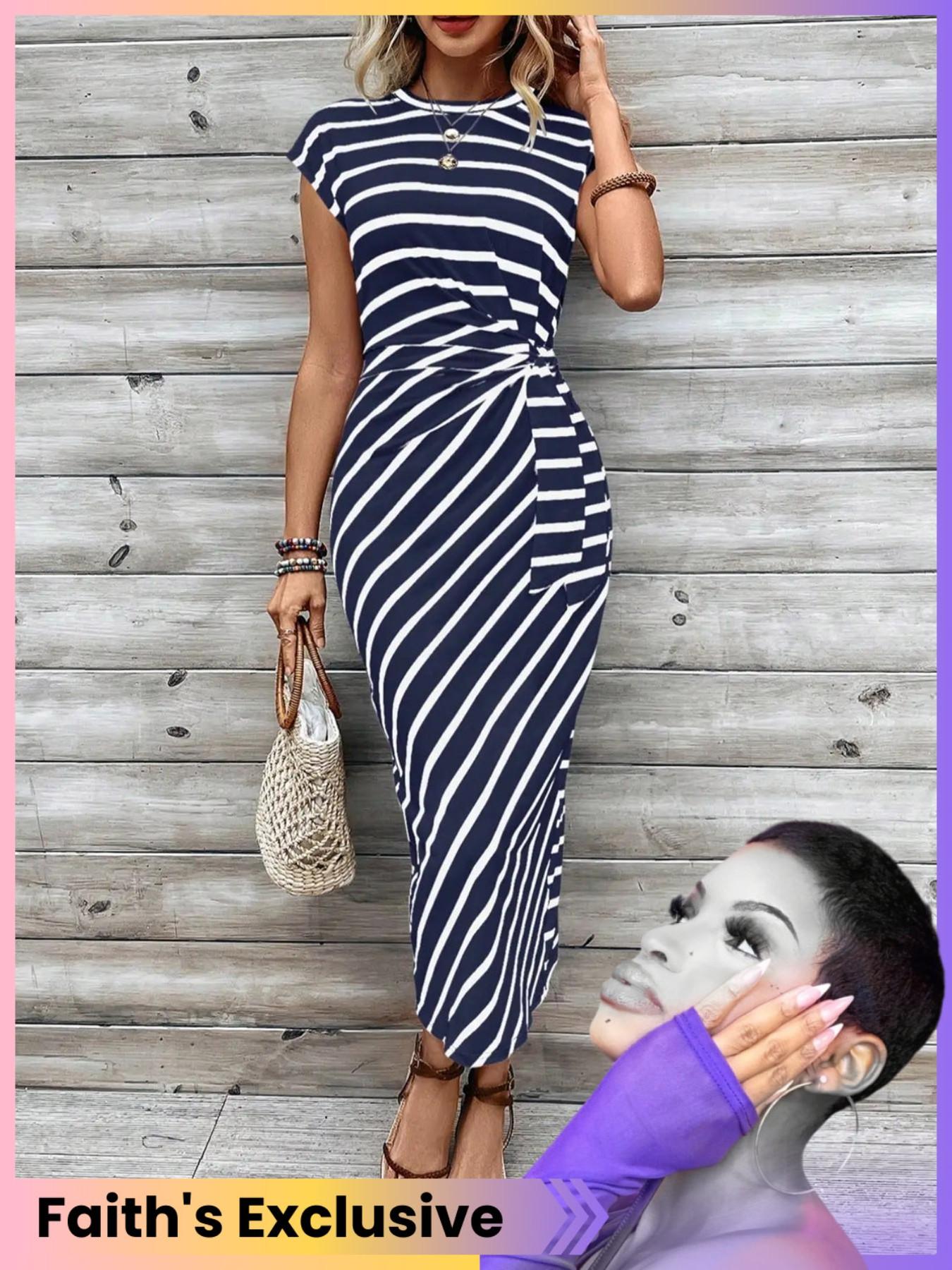 Women's Striped Print Knot Bodycon Dress, Summer Outfits 2024, Elegant Drop Shoulder Short Sleeve Long Dress for Summer, Sundress Maxi Dress, Frenchy Style Ladies Clothes for Beach Holiday