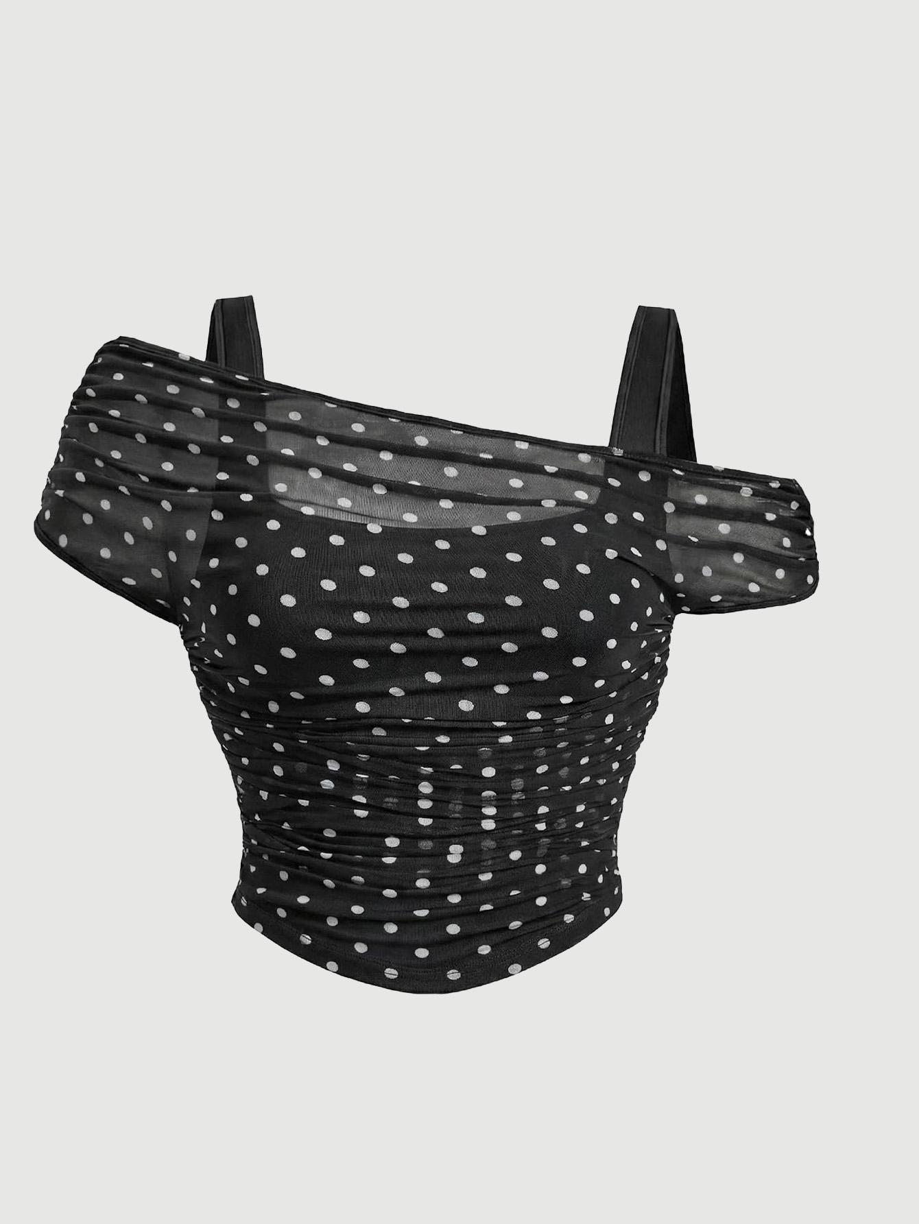 Women's Asymmetric Neckline Ruched Crop Top - Trendy Mesh Blouse for Club, Date Night & Vacation Women's Asymmetric Neckline Ruched Crop Top - Trendy Mesh Blouse for Club, Date Night & Vacation