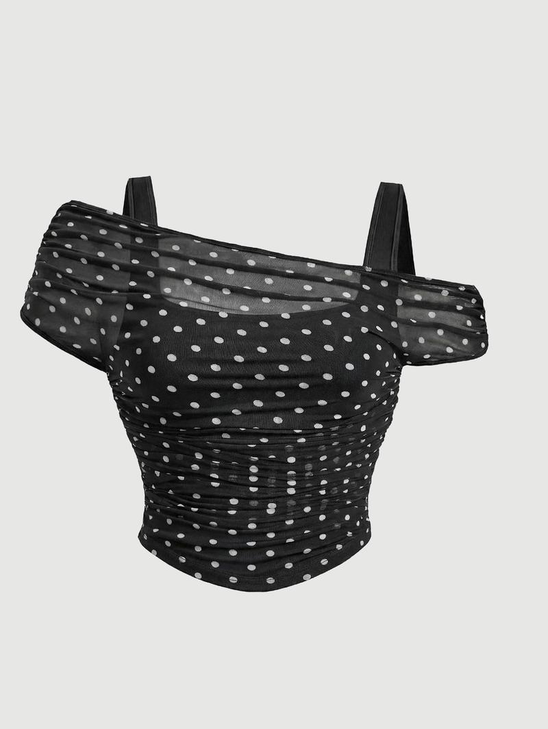 Valentine's Day Women's Asymmetric Neckline Ruched Crop Top - Trendy Mesh Blouse for Club, Date Night & Vacation