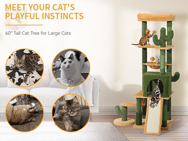 DWVO Tall Cactus Cat Tree Tower with Self-Grooming Brush, 60/73 in Cute Cat Climbing Tower for Indoor Cats with Cat Condo, Top Perch, Basktet, Sisal Scratching Posts and Board,Toy Balls