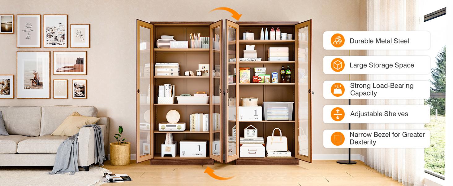 Letaya 71" Storage Cabinet, Display Cabinet with 4 Adjustable Shelves, Lockable Bookshelf Bookcase with Glass Door for Home, Office, Pantry, Kitchen,