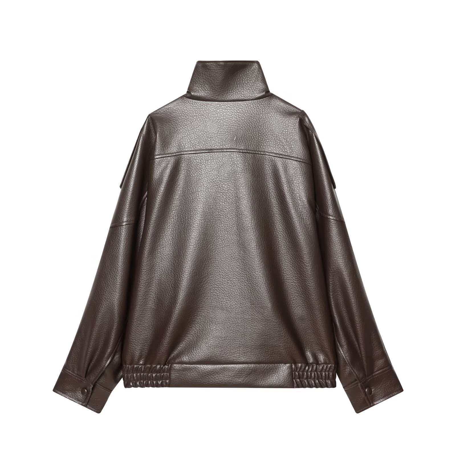 Women's Faux Leather Stand Collar Moto Jacket, Elastic Hem Casual Streetwear, Long Sleeve Water-Resistant Outerwear for Spring & Fall, Coats