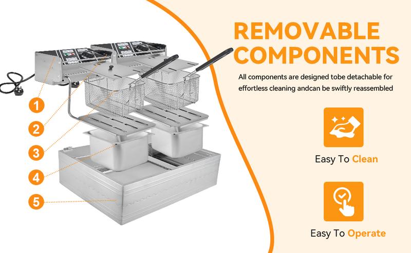 Kerilyn 22.8/6.5 QT Deep Fryer with 2 Baskets & Lids, Commercial Deep Fryer with Temperature Control, Stainless Steel Fryer, Countertop Fryers for Home Kitchen and Restaurant, 5000W