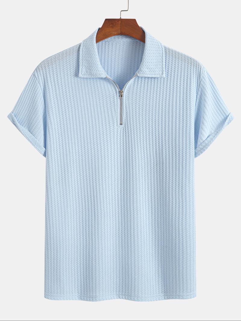 Men's Solid Ribbed Short Sleeve Knitted Polo Shirt, Solid Zipper Polo, Regular Fit Casual Breathable Comfy Top for Summer, Men's Clothes for Daily Wear