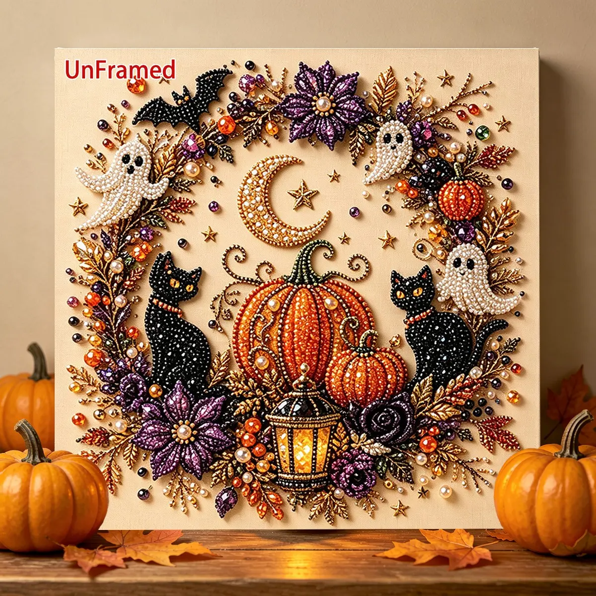 Halloween Ghost Pearl Art DIY Kit Crafts, Pumpkin Cat Moon Wreath, 5D Diamond Painting, Fall Home Decor, Party Gift, Frameless