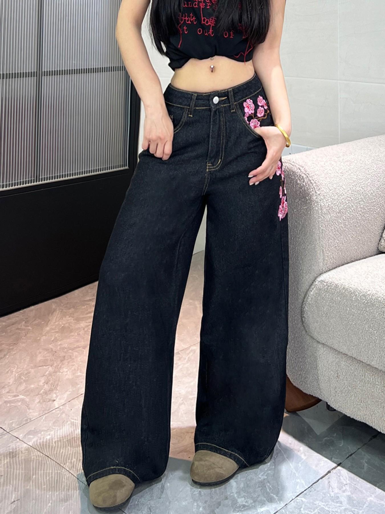 Women's High-Waisted Jeans, Embroidered Denim Jeans, Fashion Floral Embroidery, Loose-Fit Wide Leg Pants, All-Season Versatile Long Trousers, Denim Bottoms, Loose Cut Jeans, Multiple Colors Available