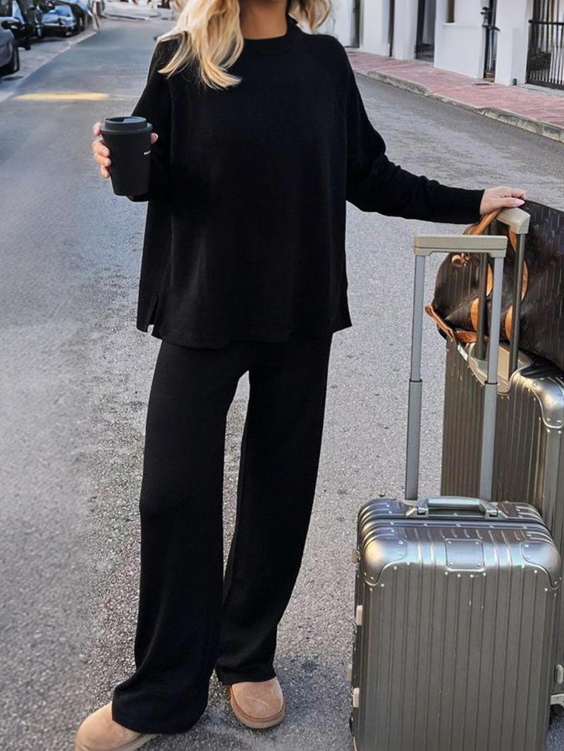 Women's Fall Winter Knitted Travel Airport, Soft Fleece Warm Round Neck Long Sleeve Pants Set, Two-Piece Sweater Dress