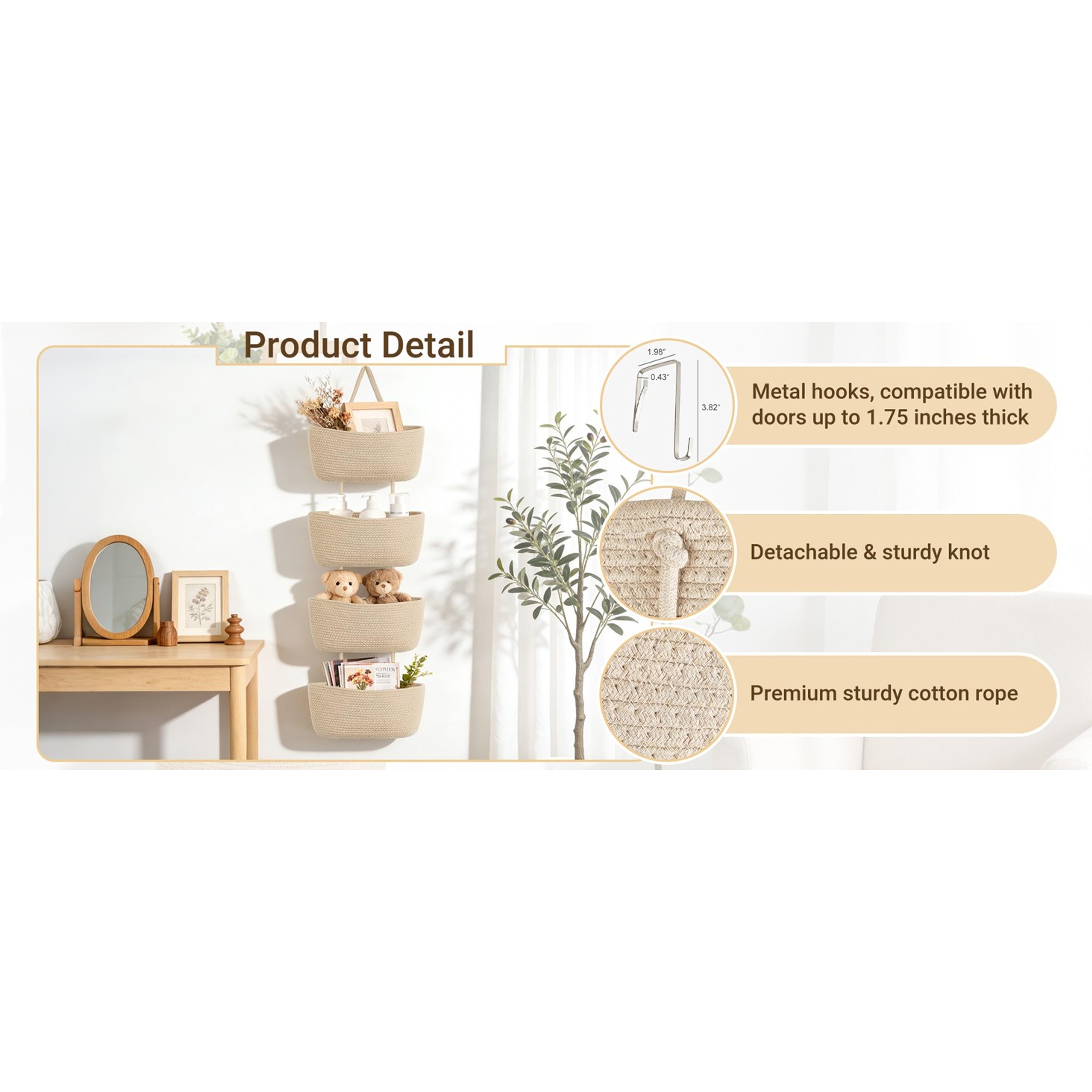 Over The Door Hanging Basket 4-Tier Woven Boho Wall Mounted Storage Organizer with Hooks for Bedroom Nursery Bathroom Apartments Dorm Pantry Decor, Jute