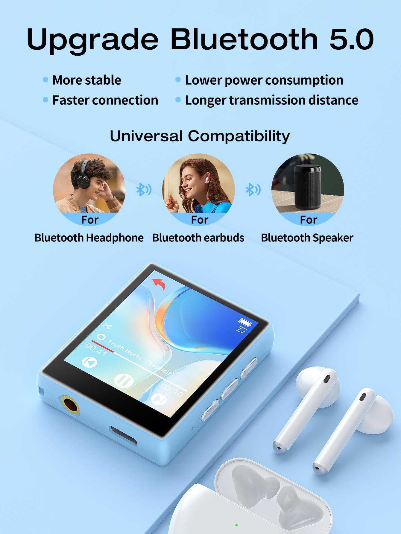MP3 Player Bluetooth 5.3 Full Touch Screen Color Screen Mini MP3 Player, HiFi Lossless Music Player with Speakers, FM Radio, Recording, Support up to 128GB
