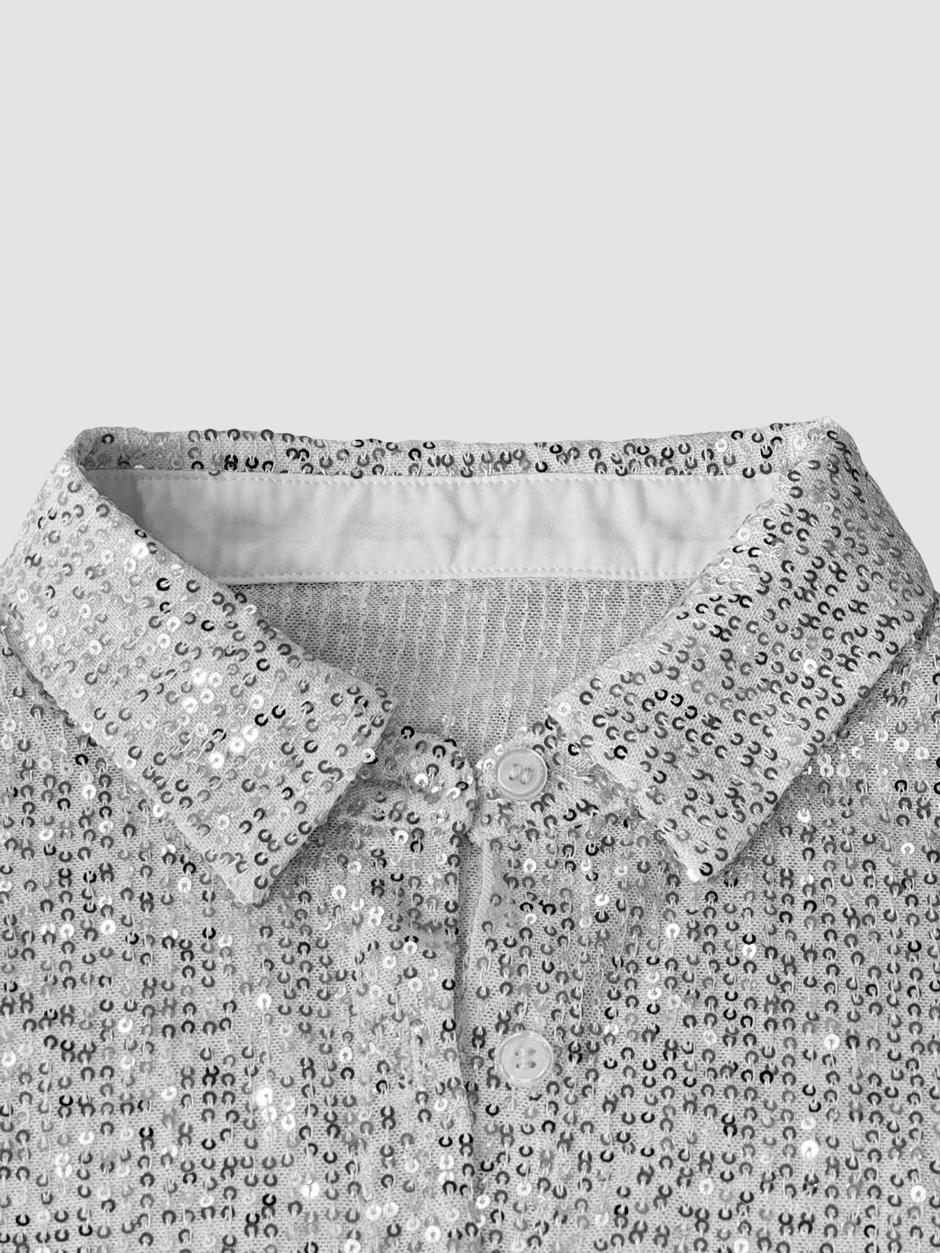 Women's Sequined Sheer Long Sleeve Button Shirt, Elegant Blouse Top for Parties & Daily Wear, Stylish Women's Clothing