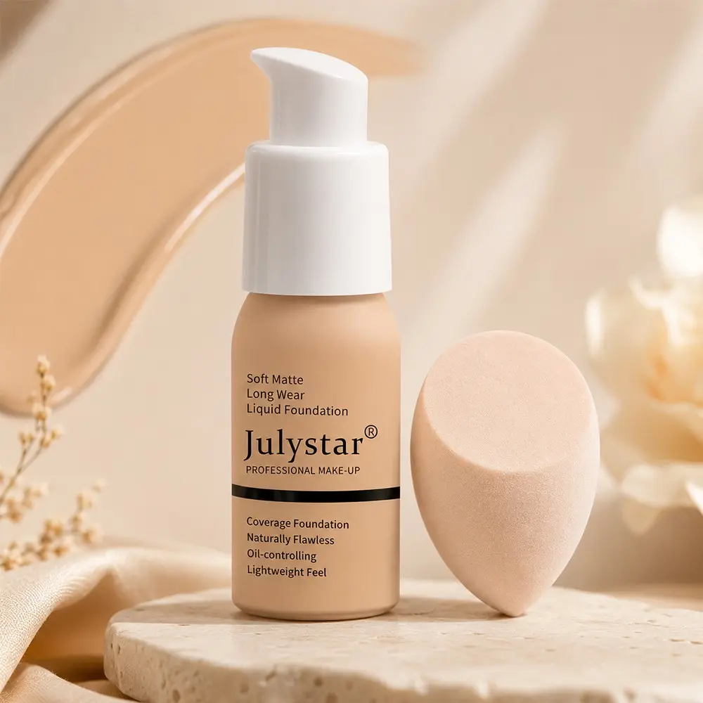 Complete Base Makeup Kit, 1 Bottle Liquid Foundation and 1 Teardrop Makeup Sponge, Matte Finish, Oil-controlling All Day, Conceal Spots and Uneven Skin Tone, Soft Sponge for Even Application, No Streaks, Suitable for Daily and Party Makeup