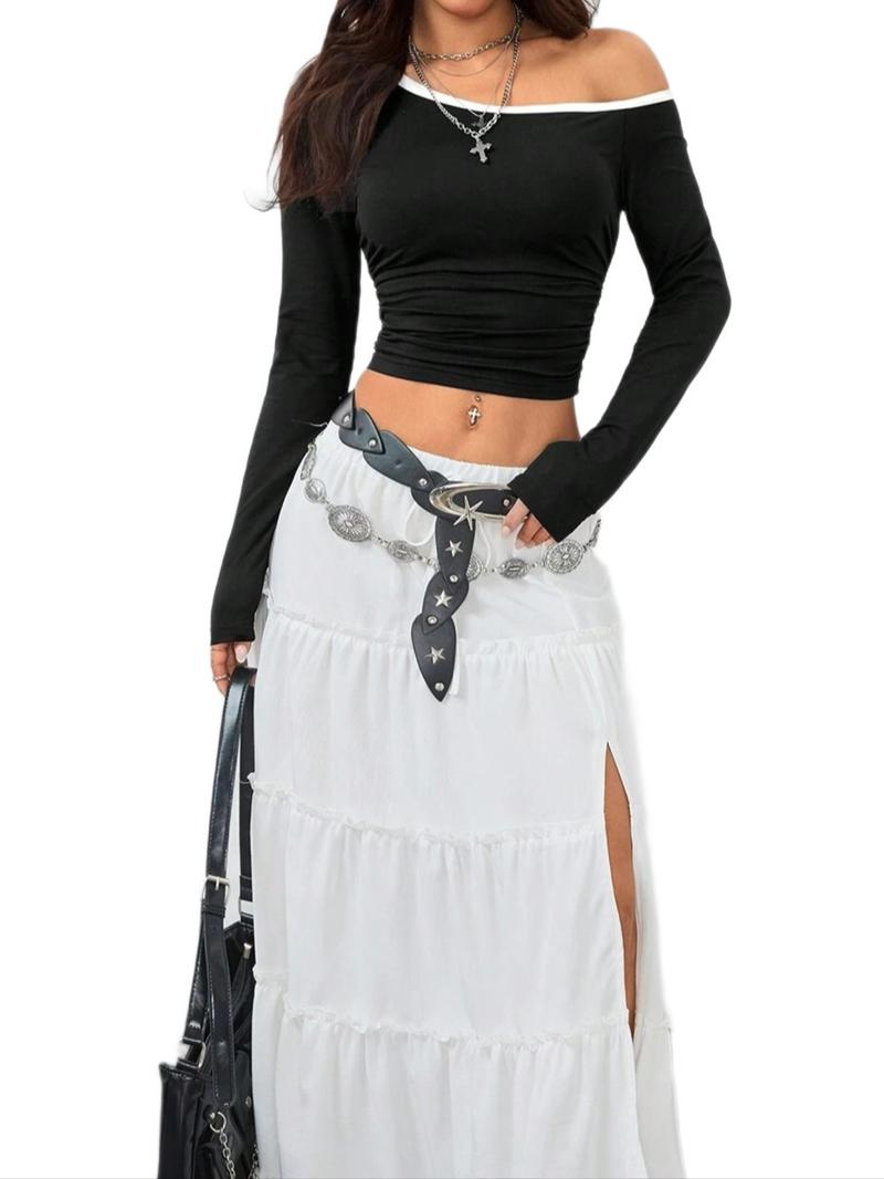 Women's Fashion Colorblock Asymmetrical Neck Off-Shoulder Slim Fit Long Sleeve Top, Stylish Casual Wear for Spring & Fall