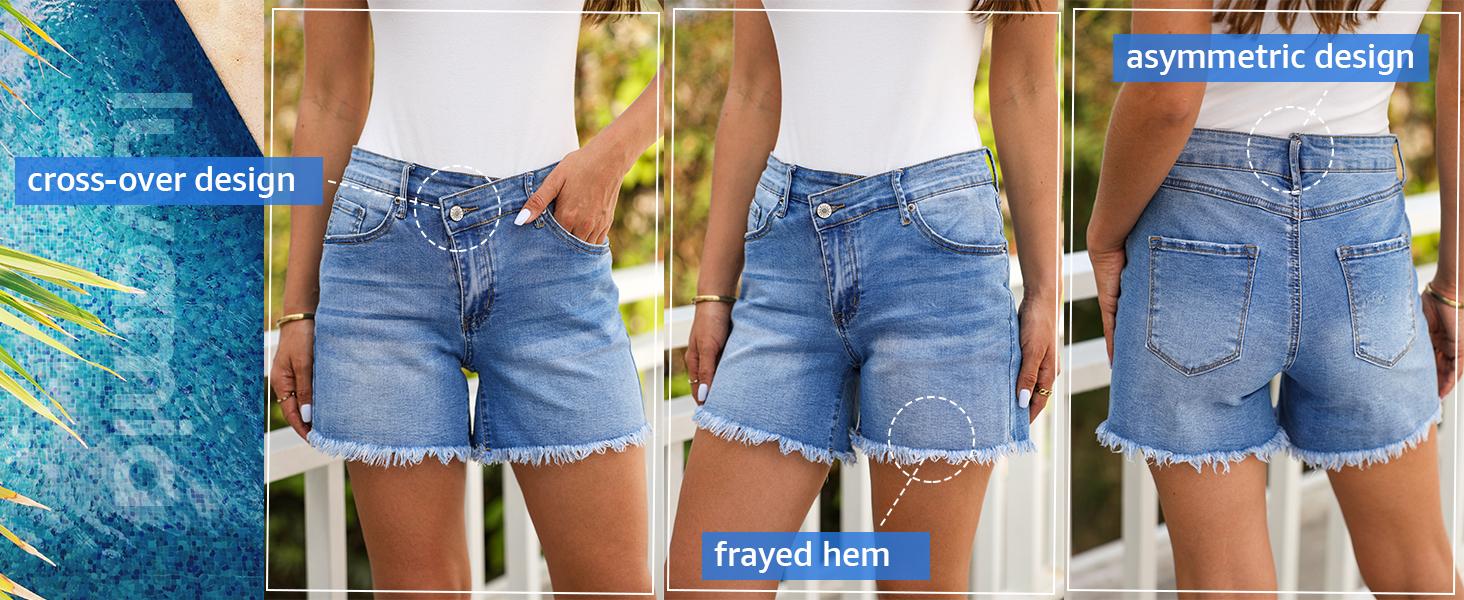 luvamia Jean Shorts for Women Low Waisted Trendy Stretchy Crossover Waist Denim Shorts Raw Hem Casual Summer Pockets nice  jeans Blue Clothes Womenswear Bottom jorts jean shorts