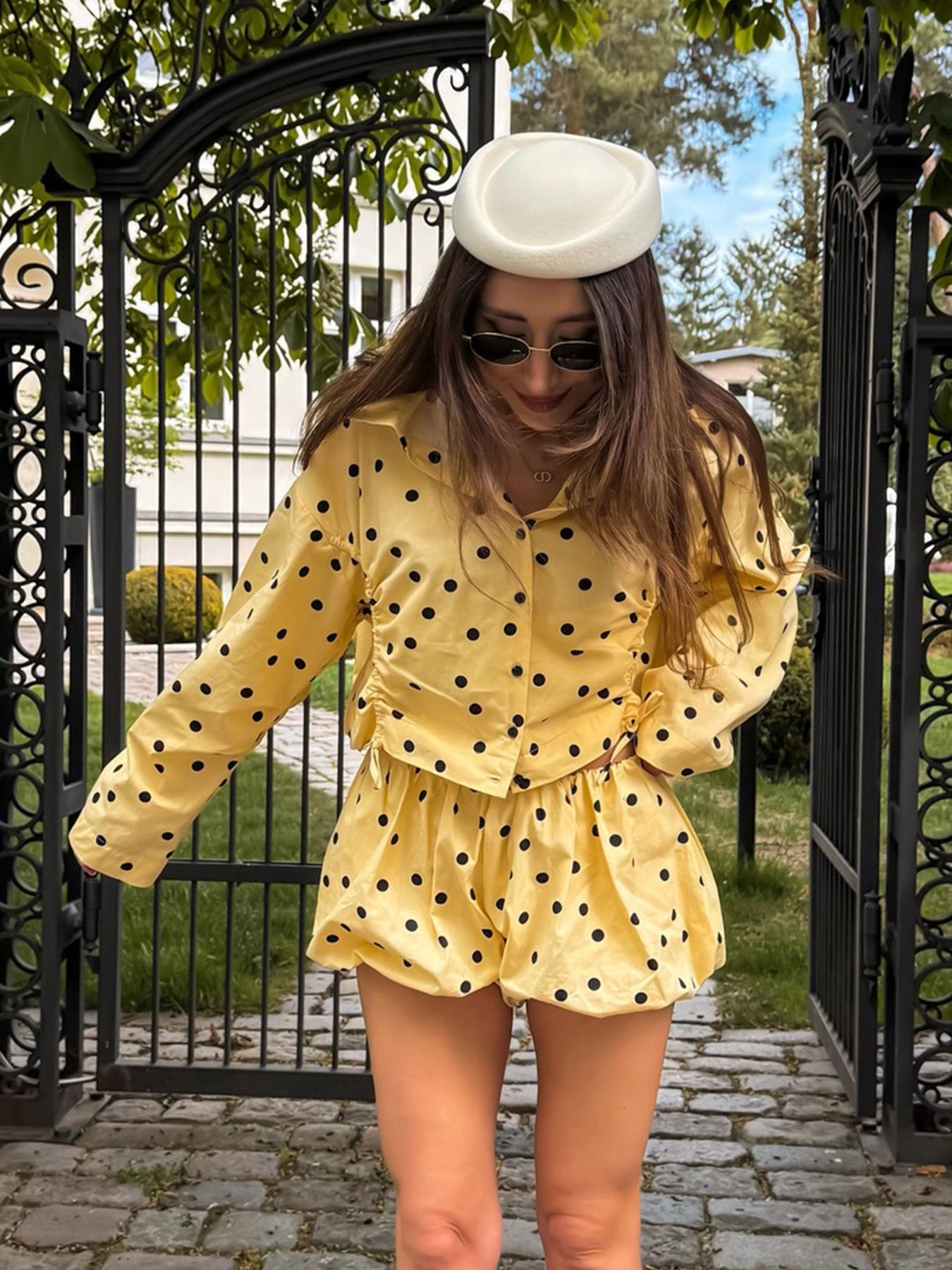 Women's Spring Summer Fashion Polka Dot Print Shorts Set, Long Sleeve Button Front Shirt Jacket, Elastic Waist Balloon Pants, Elegant Casual