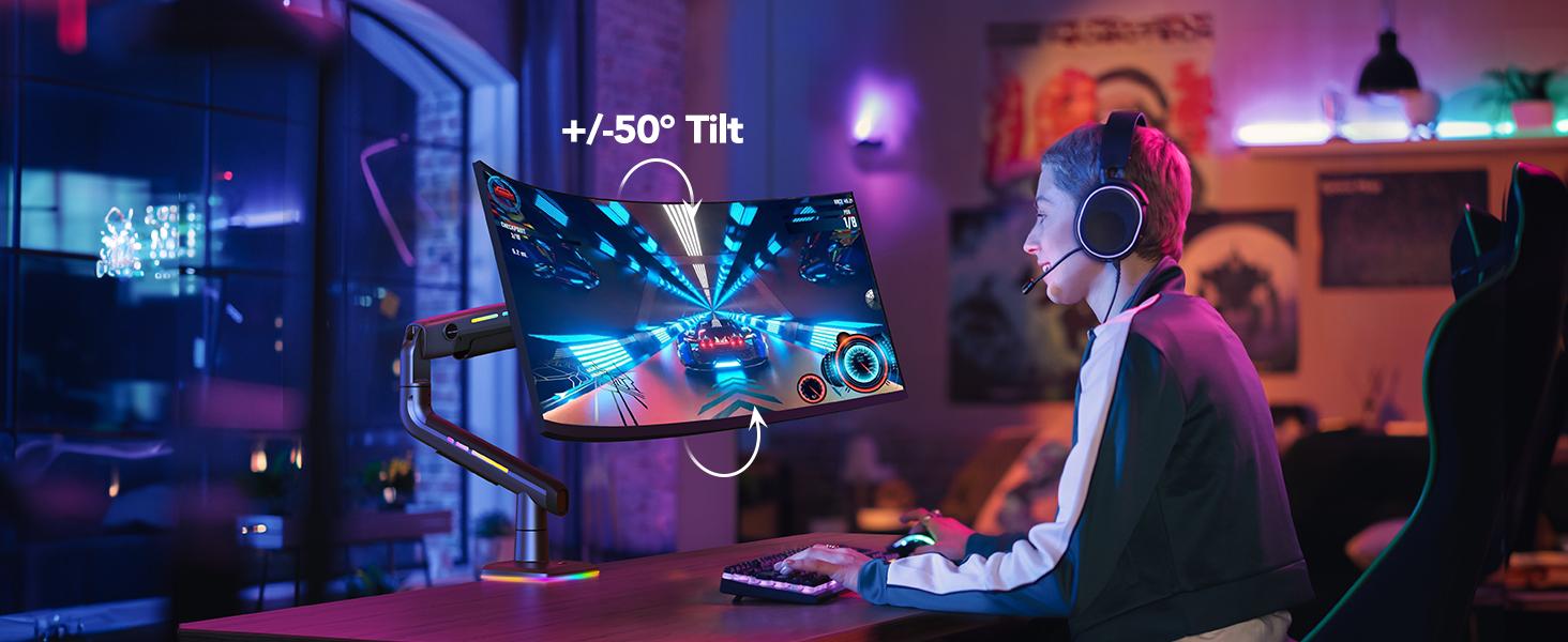 HUANUO RGB/Non-RGB Monitor Arm for Ultrawide Screens up to 57″/49'', Heavy-Duty Single Mount Holds 44 lbs, Fully Adjustable Gaming Monitor Arm with C-Clamp & Grommet Base, Max VESA 100 x 100mm